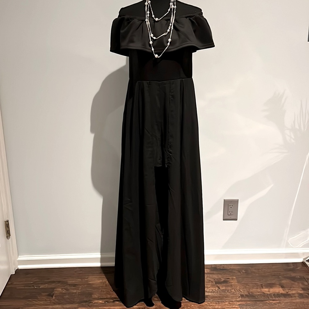 Black off-shoulder shorts-romper with long skirt